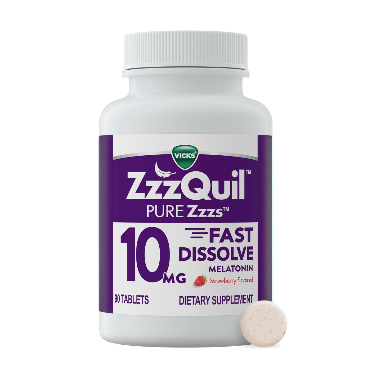 ZzzQuil frente del empaque mostrando 90 tabletas y beneficios visibles