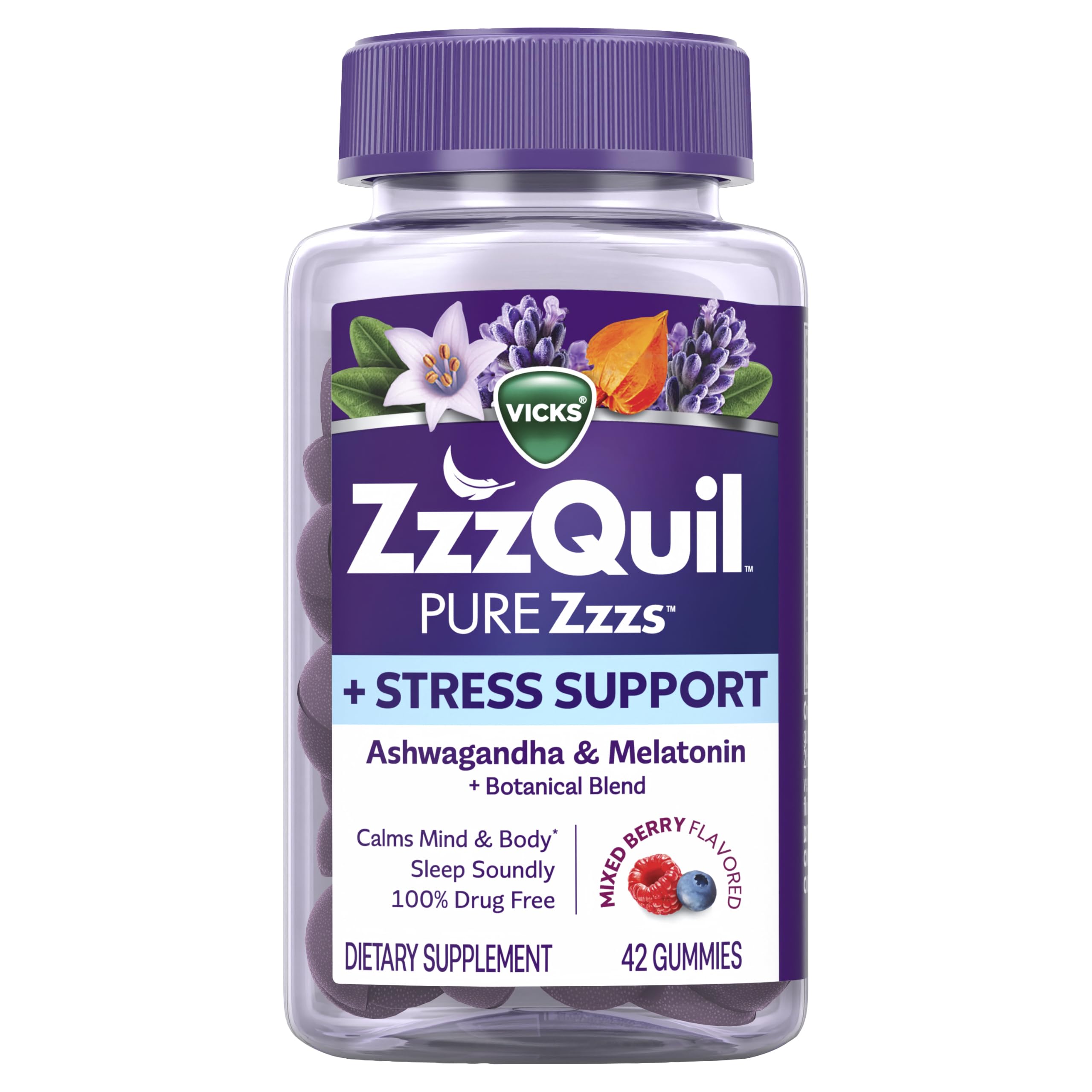 ZzzQuil ingredientes botánicos lavanda y ashwagandha, apoyo natural para el estrés